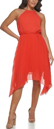 Kensie Pleated Asymmetrical Dress In Coral