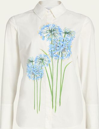 Oscar De La Renta Allium-Print Cotton Stretch Button-Down Shirt
