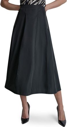 DKNY Taffeta Seamed Zip Pocket Midi Skirt in Black at Nordstrom, Size 10