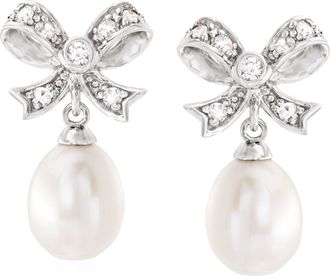 Ross-Simons 8-9mm Cultured Pearl and. White Topaz Bow Drop Earrings in Sterling Silver