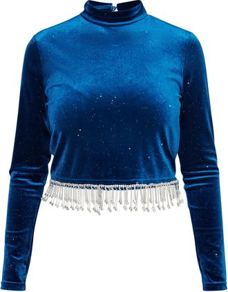 Faina Glittershirt van stretchfluweel Dames Smaragdblauw