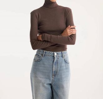 R&oacute;he Fine Merino Turtleneck Top In Brown Melange