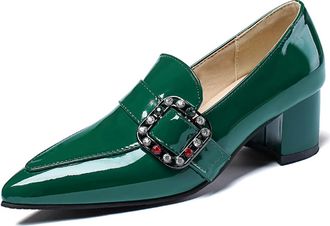 Generic Qynthra Womens Patent Leather Pointed Toe Block Heel Loafers with Jeweled Buckle for Office & Cocktail Event Mid Heel Slip-On Dress Shoes,Green,6.5 UK