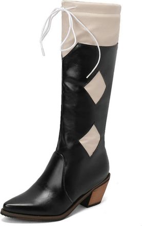 Generic Womens Two-Tone Knee-High Western Cowboy Boots with Lace-Up Top,Black,5.5 UK
