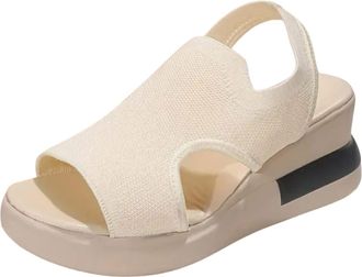 Generic Cocila Summer Sandals Women Ladies Fashion Solid Color Breathable Knitted Mesh Thick Heel Beige, 5.5 Shoes For Uk Wide Fit Comfy Black Evening Arch Su