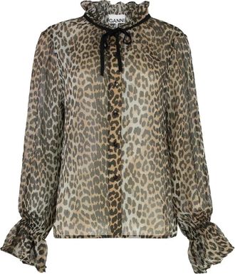 Ganni Leopard Chiffon Ruffle Blouse - Dames - Blouses - Veelkleurig - L - Chiffon - Overhemden