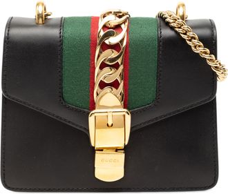 Gucci Womens Pre-owned Mini Leather Web Sylvie Chain Crossbody - Black - One Size