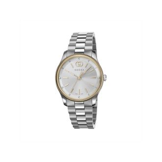 Gucci Accessoires, Dames, Grijs, ONE Size, G-Timeless 29 mm roestvrijstalen kast met vergulde lunet, zilveren wijzerplaat met diamanten en Gucci belettering