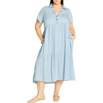 City Chic Shyla Tiered Chambray Midi Shirtdress in Light Wash at Nordstrom Rack, Size Xl/22W