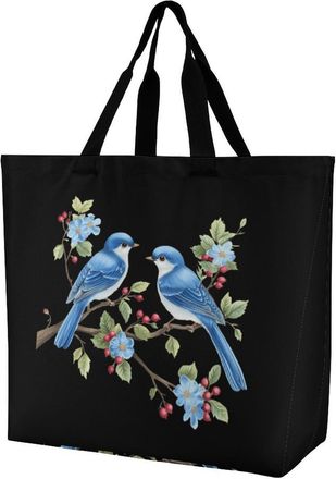 Generic Two Blue Birds Sitting on Branch Reusable Shopping Bags Large Capacity Grocery Bag Heavy Duty Tote for Women 40x40x16cm