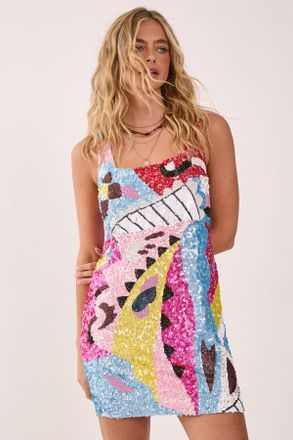 NASTY GAL Womens Abstract Placement Embellished Square Neck Mini Dress - Multicolour - Size 10 UK