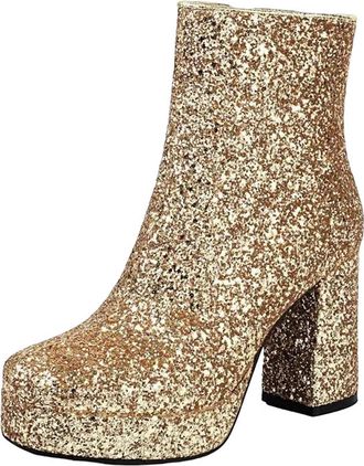 Generic Womens Sexy Ankle Boots Round Toe High Square Heel With Platform Side Zipper And Bling Sequined Upper Party Booties