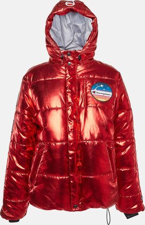 Champion Red Lame Printed & Badge Detail Puffer Overcoat