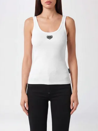 Philipp Plein Sleeveless Slim Fit Ribbed Top in Cotton Blend with Logo