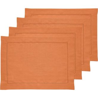 Solino Home Linen Placemats Set of 4, 14 x 19 Inch for Dining Table, Holiday and Everyday Table Decor - Classic Hemstitch in Pumpkin at Nordstrom