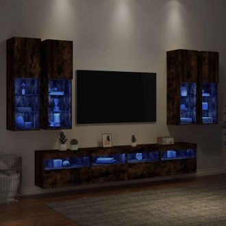 vidaXL Muebles De Tv De Pared Con Luces Led 7 Piezas Roble Ahumado Vidaxl
