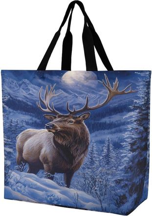 Generic Elks In Moon Tote Bag Reusable Grocery Shopping Bags Large Travel One Shoulder Handbag for Picnic Work