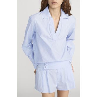 Frame Denim The Stripe V-Neck Popover Top in Venice Blue Multi at Nordstrom, Size X-Small