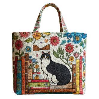Generic Vintage Quilted Tote Bag,Cute Animals Print Cotton Shoulder Bag,Canvas Book Print Shoulder Bags for Vacation Shopping
