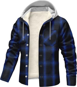 Generic Lumberjack Jacket Mens Flannel Plaid Shirts Fleece Lined Long Sleeve Button Down Padded Check Hoodies Winter Warm Clothes, Dark Blue, 3XL
