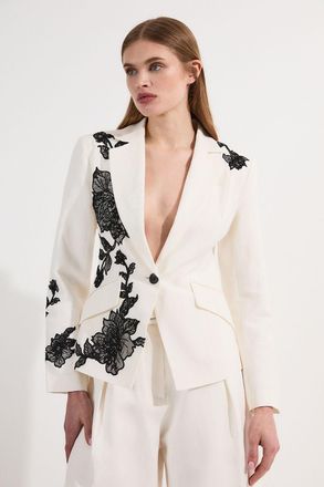 Karen Millen Womens Viscose Linen Placed Floral Lace Embroideried Tailored Jacket - White - Size 6 UK