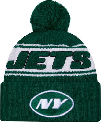 New Era Unisex-Adult NFL Official Sideline Team Logo Sherpa Striped Pom Beanie Cold Weather Knit Hat, New York Jets - Green, One size