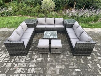 Fimous 11 Seater Outdoor Rattan Garden Furniture Set Patio Lounge Sofa Set with 2 Side Tables Square Coffee Table in Dark Grey