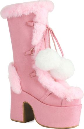 Generic Womens High Heeled Platform Boots with Pom-Pom Faux Suede Mid-Calf Boots Lace Up Winter Boot with Side Zipper,Pink,7.5 UK