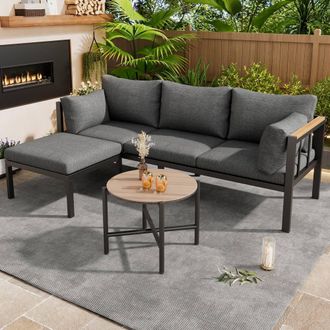 Merax Grey 3-Seater Garden Sofa Set with Ottoman & Coffee Table