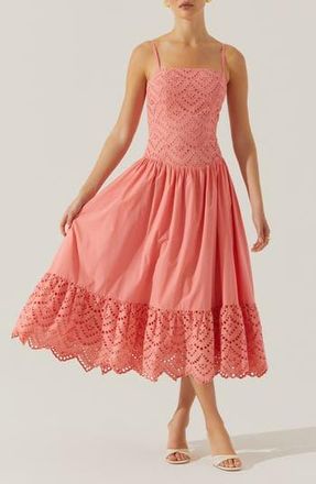 ASTR the Label Nathalia Eyelet Embroidered Cotton Midi Dress in Coral at Nordstrom Rack, Size X-Small