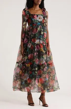 Chelsea28 Bow Shoulder Organza Maxi Dress in Black Multi Floral at Nordstrom Rack, Size Xx-Small