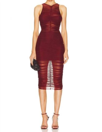 Fleur du Mal Ruched Front High Neck Dress In Cinnamon