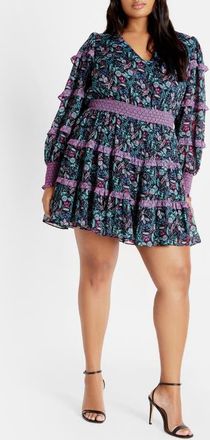 City Chic Iris Metallic Stripe Print Long Sleeve Tiered Dress in Purple Floral at Nordstrom, Size Xxl