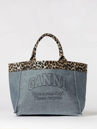Ganni Borsa Tote Ganni in denim di cotone con profili stampa animalier