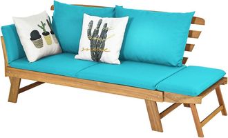 Costway Costway - Sof&aacute; Cama Convertible Para Patio, Sof&aacute; Cama De Madera De Acacia Con Apoyabrazos Ajustable, Cojines Y Almohadas, Asiento De 2 Plazas Exterior