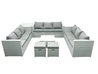 Fimous Rattan Garden Outdoor Furniture Set 11 Seater Rattan Garden Sofa Set with 2 Small Footstool Side Table Light Grey Mixed