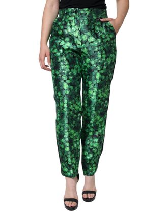 Dolce & Gabbana Womens Green Clover Silk Satin High Waist Tapered Pants Polyester