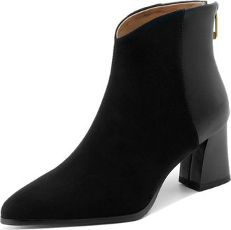 Generic Womens Ankle Boots In Suede-Like Material Pointed Closed Toe Side Zipper Chunky Block Heels Mixed Material Design Soft Lining Durable Outsole,Black,4.