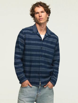 Lucky Brand Mens Long Sleeve Indigo Jacquard Camp Collar Shirt