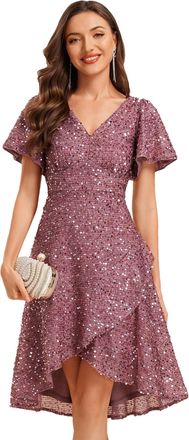 Ever-pretty Womens Sequin Midi Prom Dress Ruffle Sleeves A-Line Cocktail Party Dress Orchid 16UK