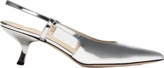 Theory Womens Micro Slingback Metallic Pointed Toe Kitten Heel Pumps In Silver