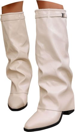 Generic Flat Boots for Women Uk,Slouch Boots,Slouchy Mid Calf Boot Women Slip on Mid Calf Boot Suede Casual Booties with Side Zipper Pull on Flat Shoes Faux L