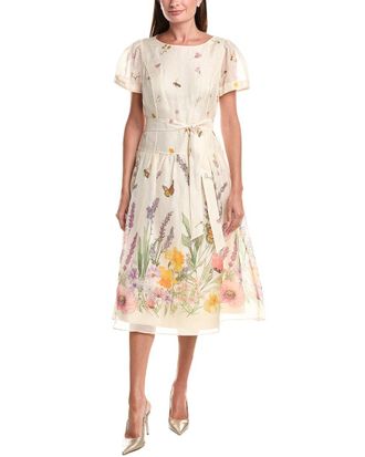 Teri Jon by Rickie Freeman Print Silk & Linen-Blend Midi Dress