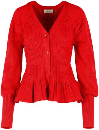 Blumarine Red Ribbed Ruffle-Hem Knit Cardigan
