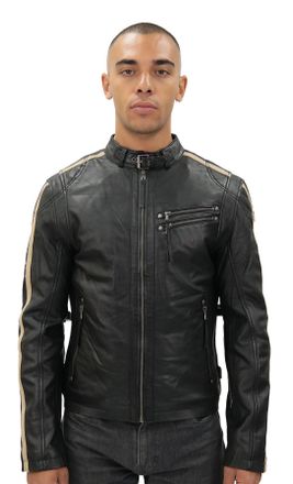 Infinity Leather Mens Cafe Racing Striped Jacket-Marseille - Black Nappa Leather - Size 2XL