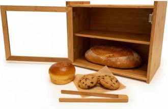 Relaxdays Relaxdays Bamboo Bread Bin, 2-tier, bread box with viewing window, includes toast tongs, HxWxD: 31x40x17.5 cm, natural
