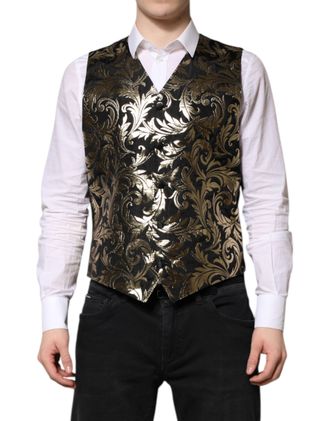 Dolce & Gabbana Black Gold Jacquard Formal Men Waistcoat Mens Vest