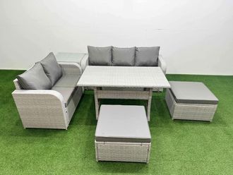Fimous 7 Seater PE Rattan Wicker Garden Furniture Patio Conservatory Sofa Set w/ Rectangular Dining Table 3 Seater Sofa Love Sofa 2 Big Footstool