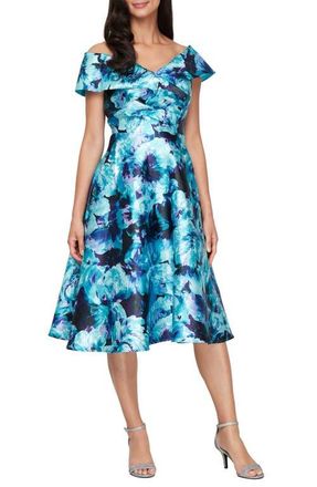 Alex Evenings Printed Mikado Cocktail Dress in Aqua Multi at Nordstrom, Size 14P