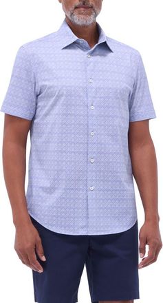 Bugatchi Miles OoohCotton Mosaic Print Short Sleeve Button-Up Shirt in Steel at Nordstrom, Size Xxx-Large